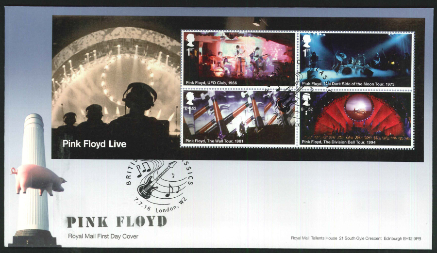 2016 - Pink Floyd, Minisheet First Day Cover, British Rock Classics, London W2 Postmark